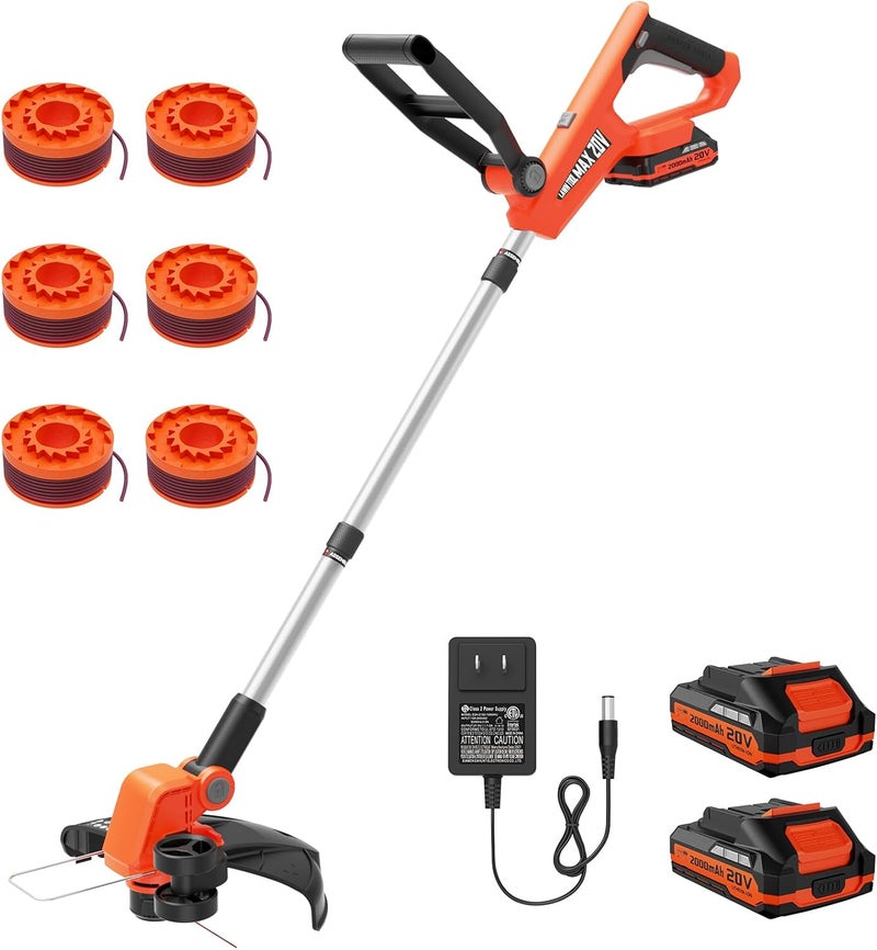 VARSK 20V String Trimmer Cordless, 12 Inch 2 in 1 Trimmer and Edger, Automatic Line Feed, Includes 2 X 2.0Ah Batteries/1 X Fast Charger/6 X Spare Spools, for Lawn, Garden, etc, Orange - Image 1